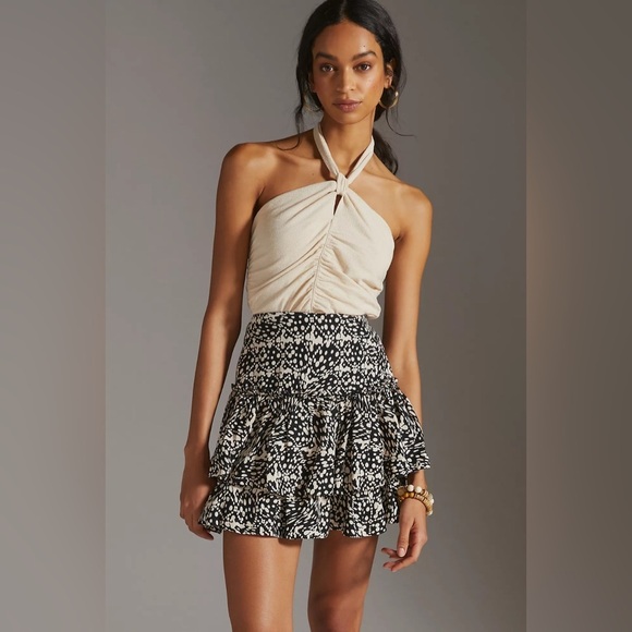 Maeve Tiered Linen Abstract Polka Dot Mini Skirt - Picture 1 of 10